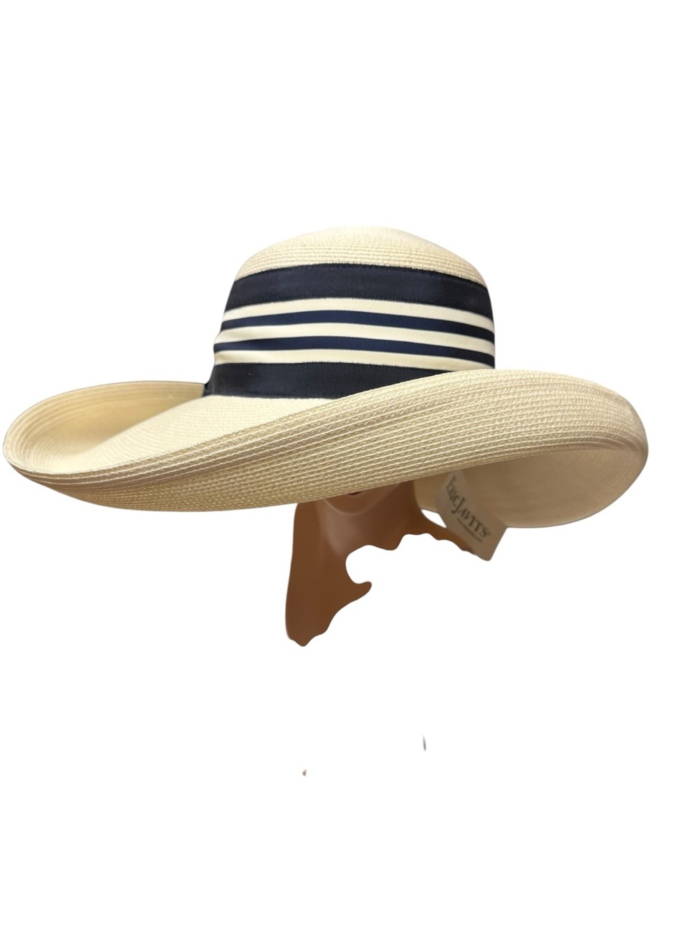 NWT Eric Javits Wide-Brim White Straw Sun Hat with Navy Striped Band 16” - Picture 3 of 10